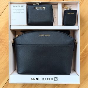 NIB Anne Klein Black Crossbody, Wallet, Sanitizer Holder- 3 Piece Gift Set Box